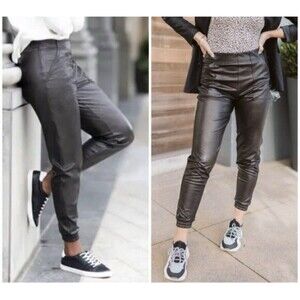 NEW! $168 SPANX FAUX LEATHER JOGGERS PANTS Black SZ M party Y2K